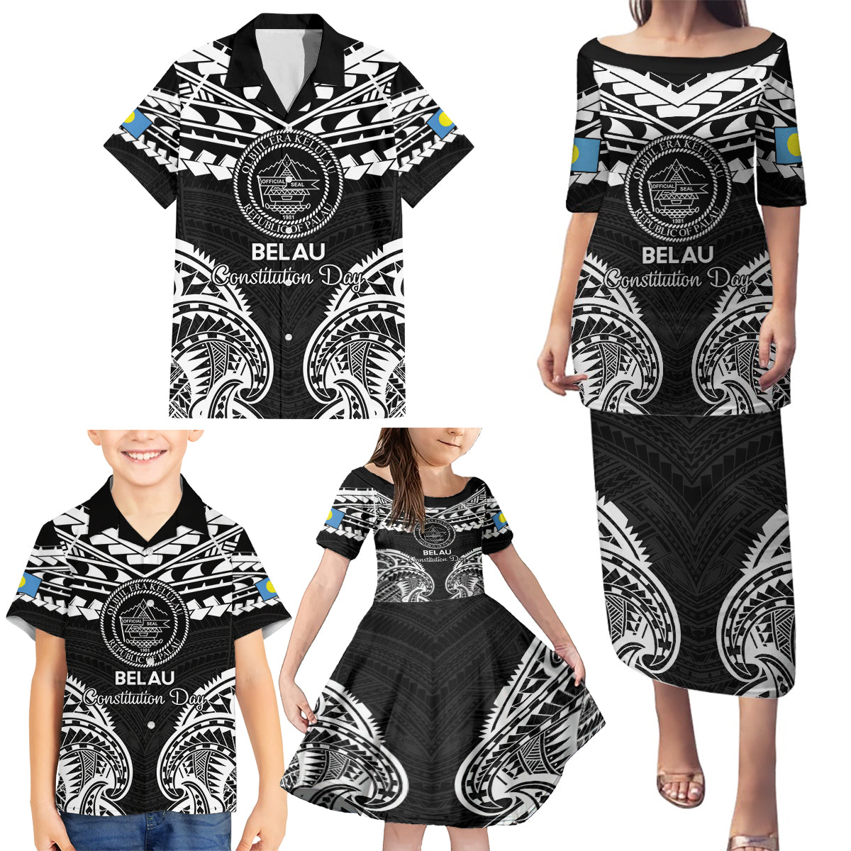 Palau Constitution Day Family Matching Puletasi and Hawaiian Shirt Belau Seal With Polynesian Pattern - Black