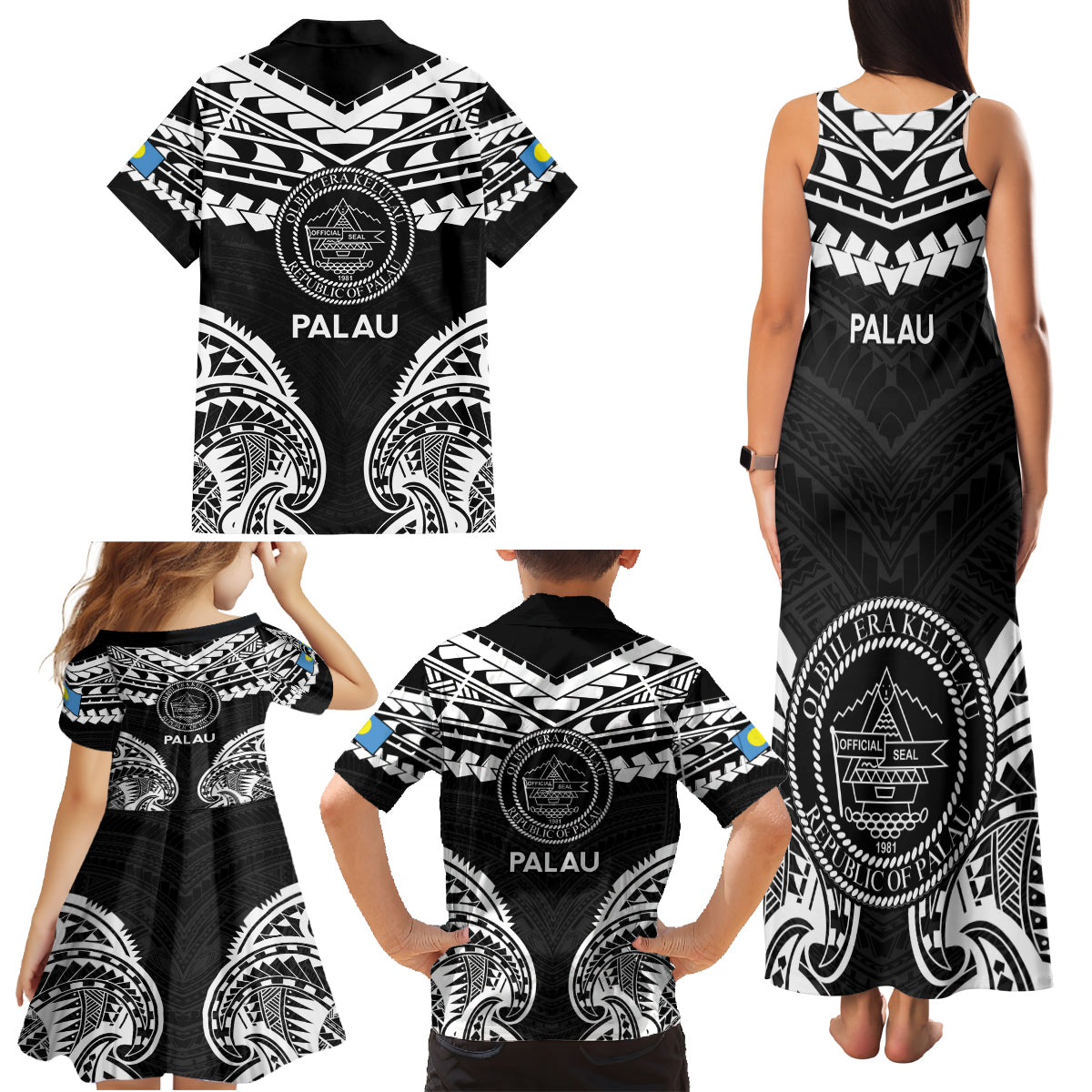 Palau Constitution Day Family Matching Tank Maxi Dress and Hawaiian Shirt Belau Seal With Polynesian Pattern - Black