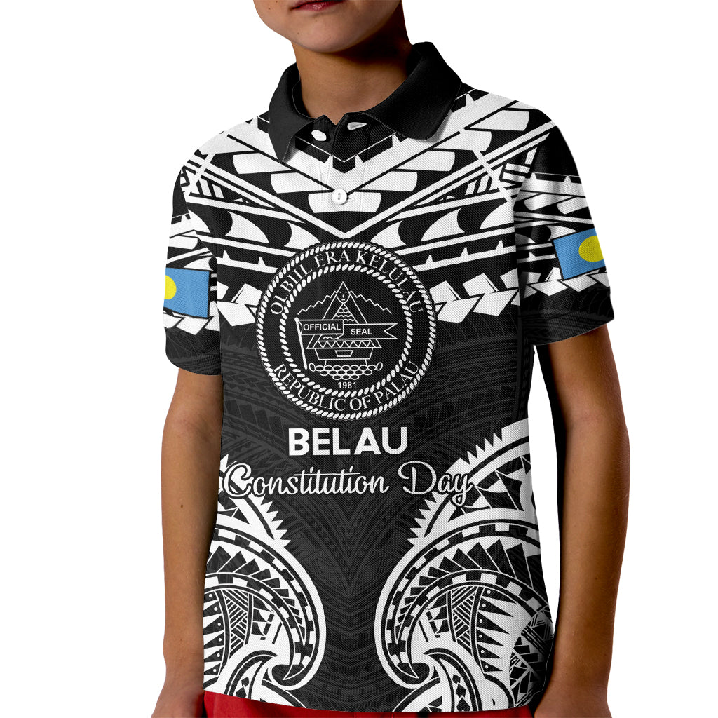 Palau Constitution Day Kid Polo Shirt Belau Seal With Polynesian Pattern - Black