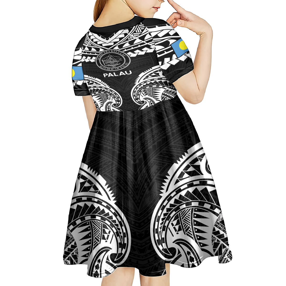 Palau Constitution Day Kid Short Sleeve Dress Belau Seal With Polynesian Pattern - Black
