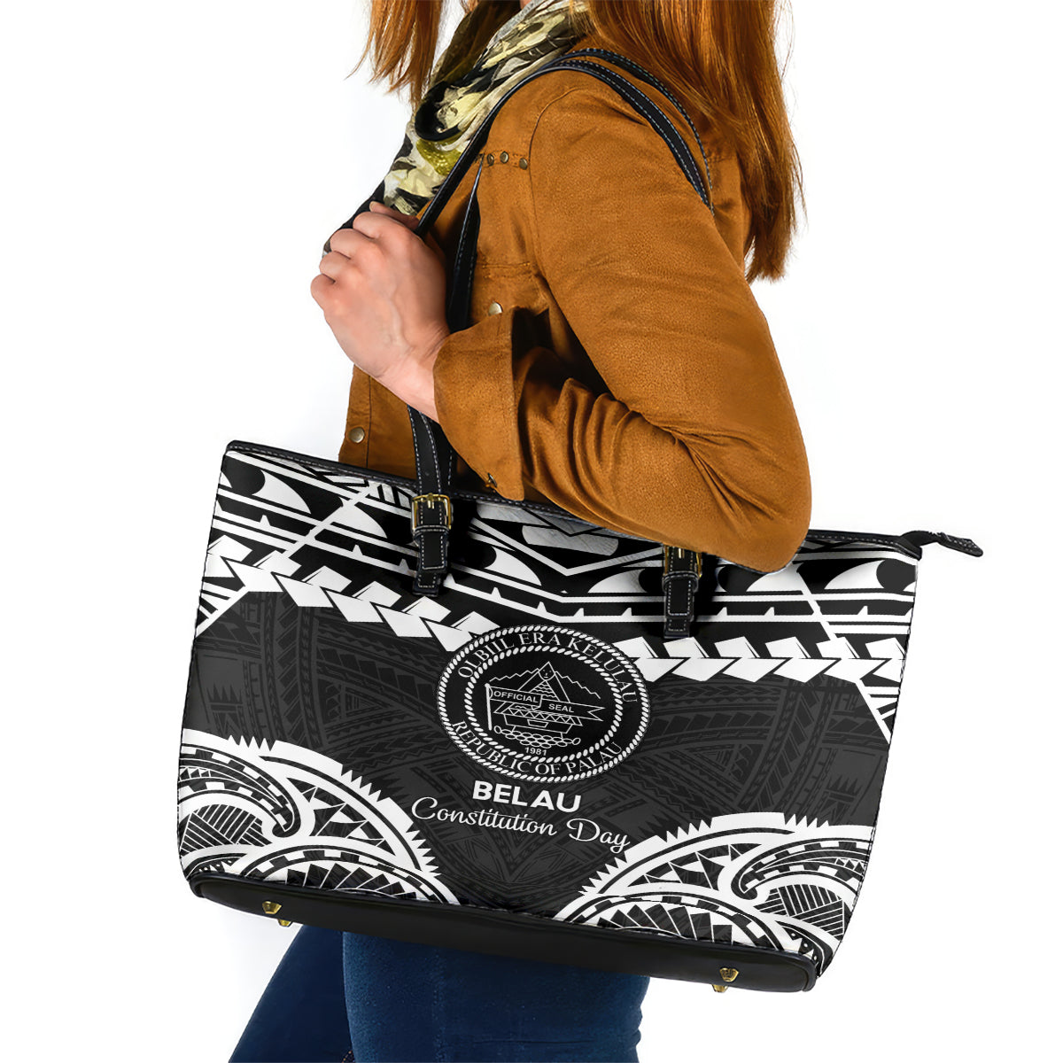 Palau Constitution Day Leather Tote Bag Belau Seal With Polynesian Pattern - Black