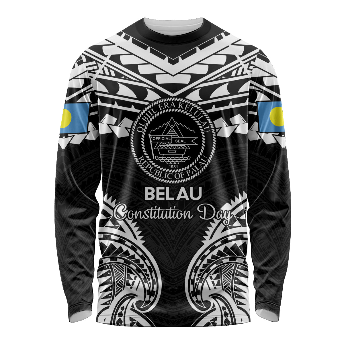 Palau Constitution Day Long Sleeve Shirt Belau Seal With Polynesian Pattern - Black