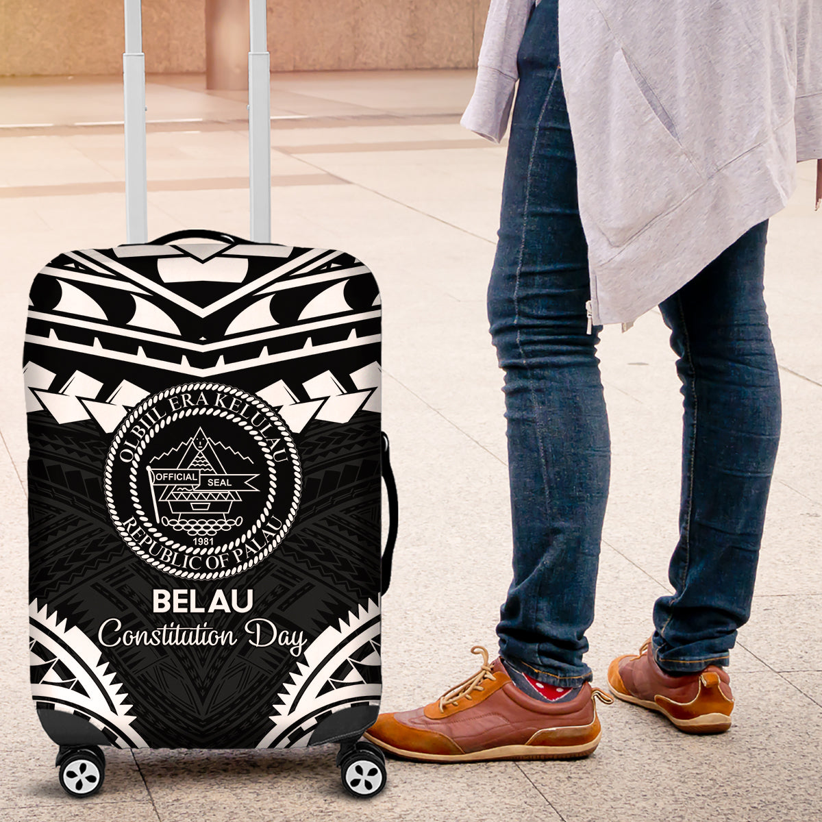Palau Constitution Day Luggage Cover Belau Seal With Polynesian Pattern - Black