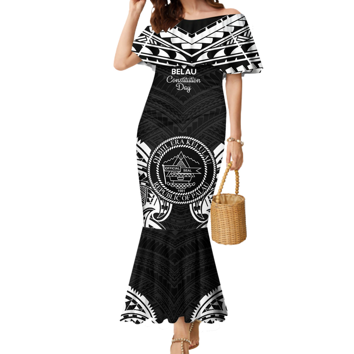 Palau Constitution Day Mermaid Dress Belau Seal With Polynesian Pattern - Black