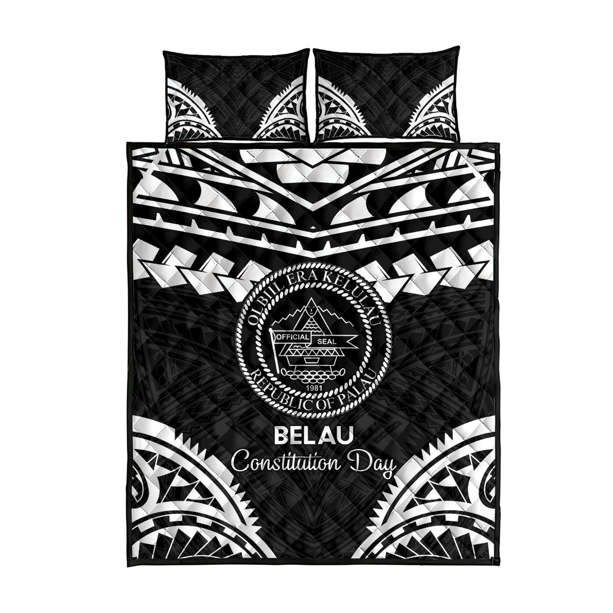 Palau Constitution Day Quilt Bed Set Belau Seal With Polynesian Pattern - Black