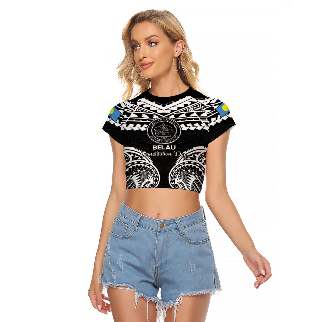 Palau Constitution Day Raglan Cropped T Shirt Belau Seal With Polynesian Pattern - Black