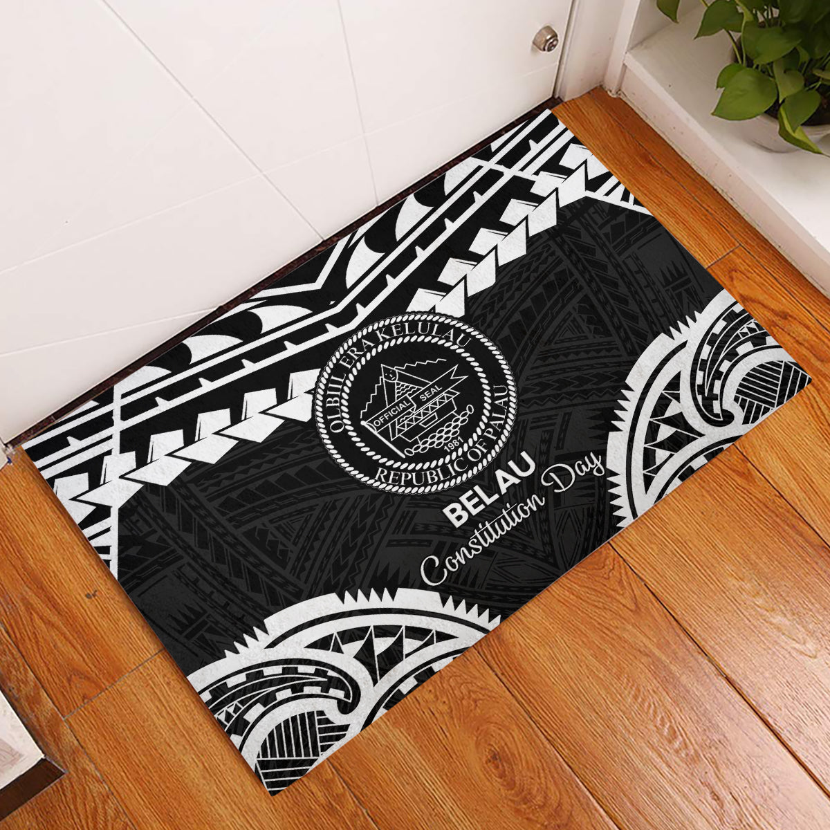 Palau Constitution Day Rubber Doormat Belau Seal With Polynesian Pattern - Black