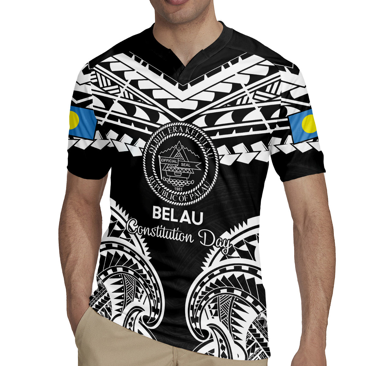 Palau Constitution Day Rugby Jersey Belau Seal With Polynesian Pattern - Black