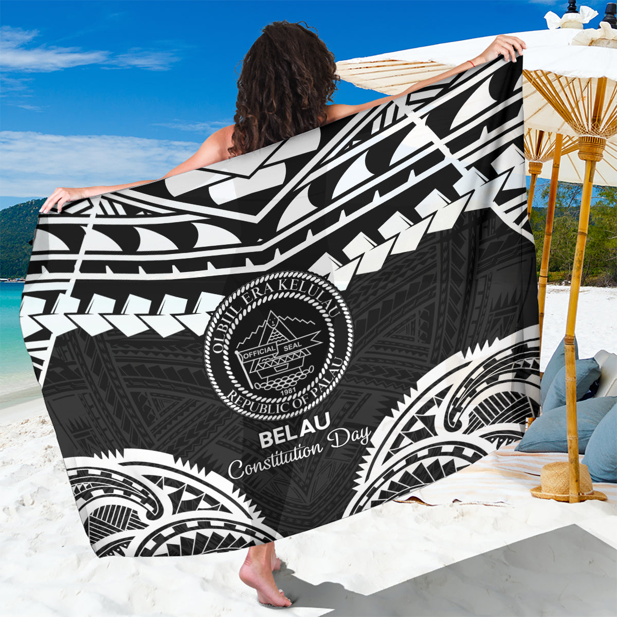 Palau Constitution Day Sarong Belau Seal With Polynesian Pattern - Black