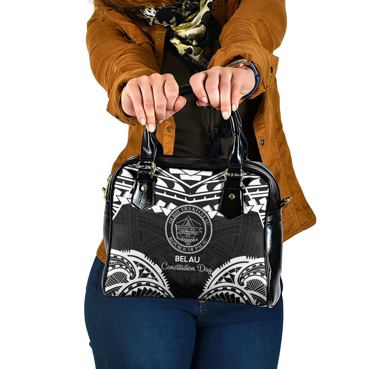Palau Constitution Day Shoulder Handbag Belau Seal With Polynesian Pattern - Black