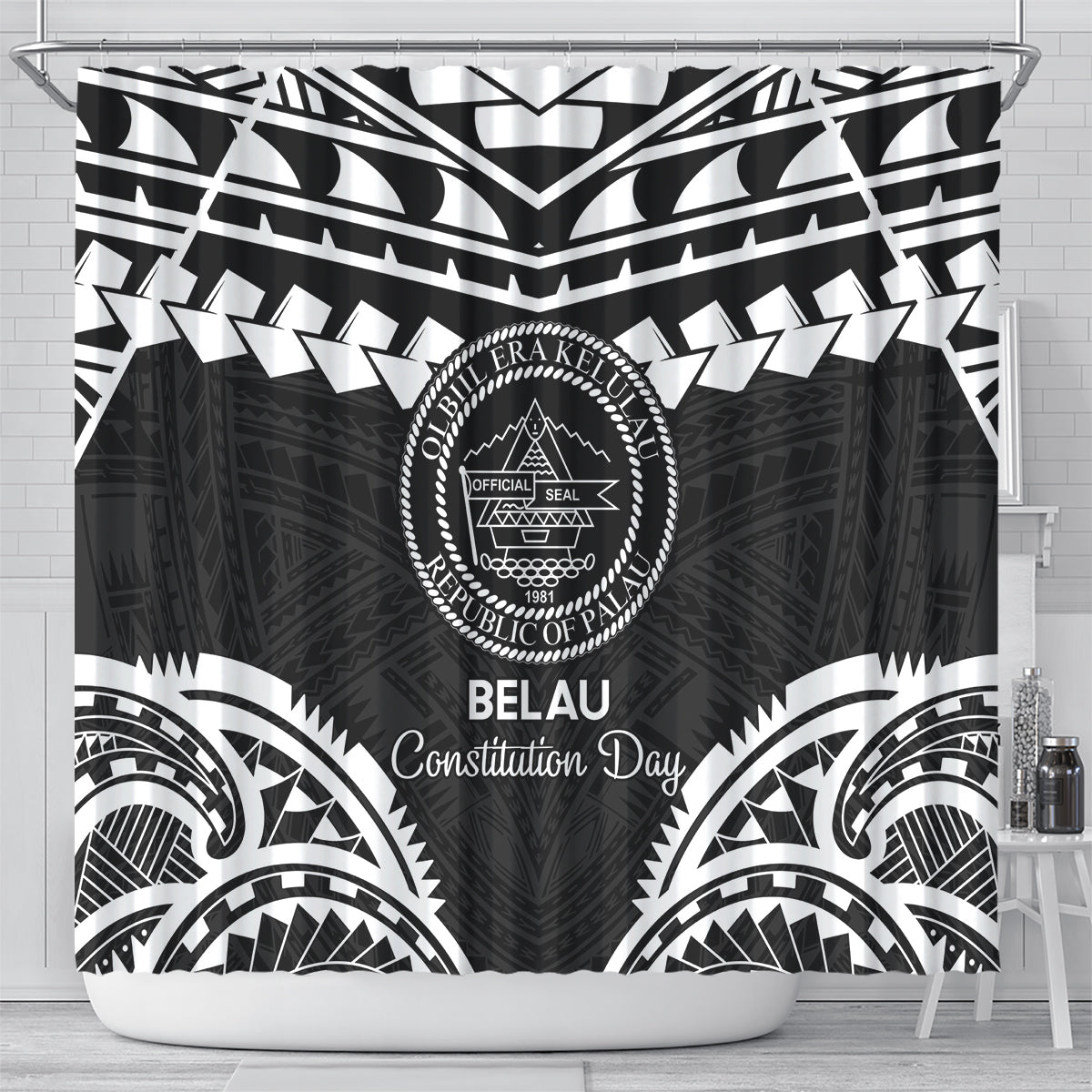 Palau Constitution Day Shower Curtain Belau Seal With Polynesian Pattern - Black
