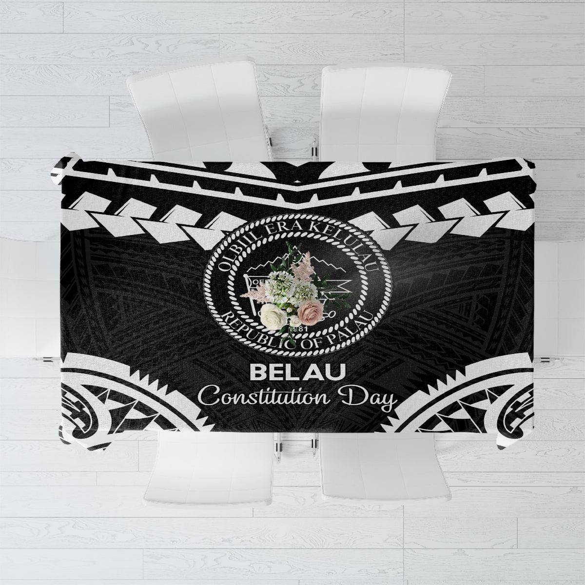 Palau Constitution Day Tablecloth Belau Seal With Polynesian Pattern - Black