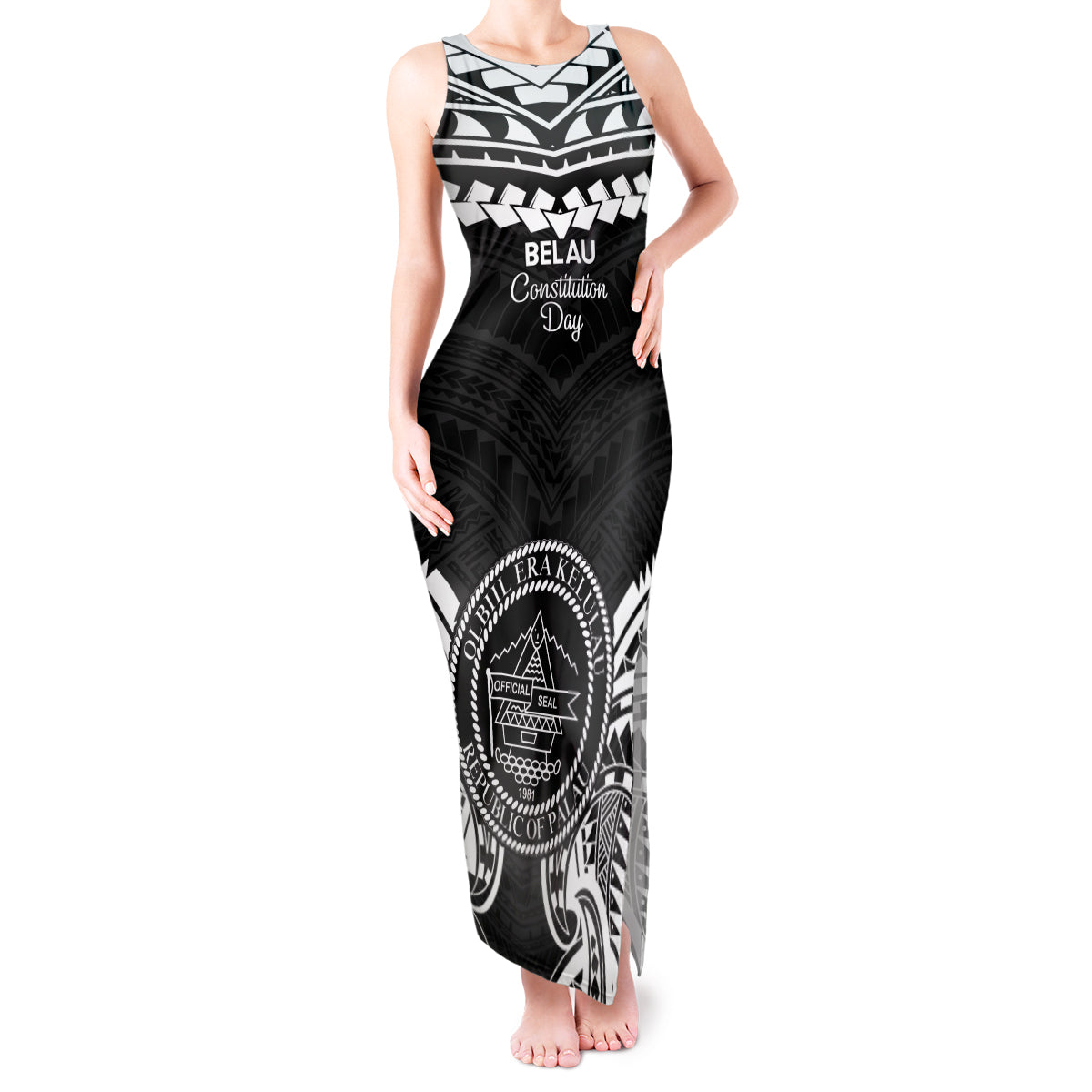 Palau Constitution Day Tank Maxi Dress Belau Seal With Polynesian Pattern - Black