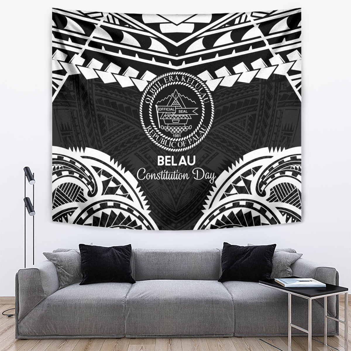 Palau Constitution Day Tapestry Belau Seal With Polynesian Pattern - Black