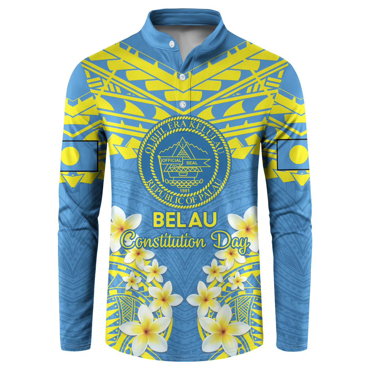 Palau Constitution Day Button Sweatshirt Belau Seal With Frangipani Polynesian Pattern - Blue