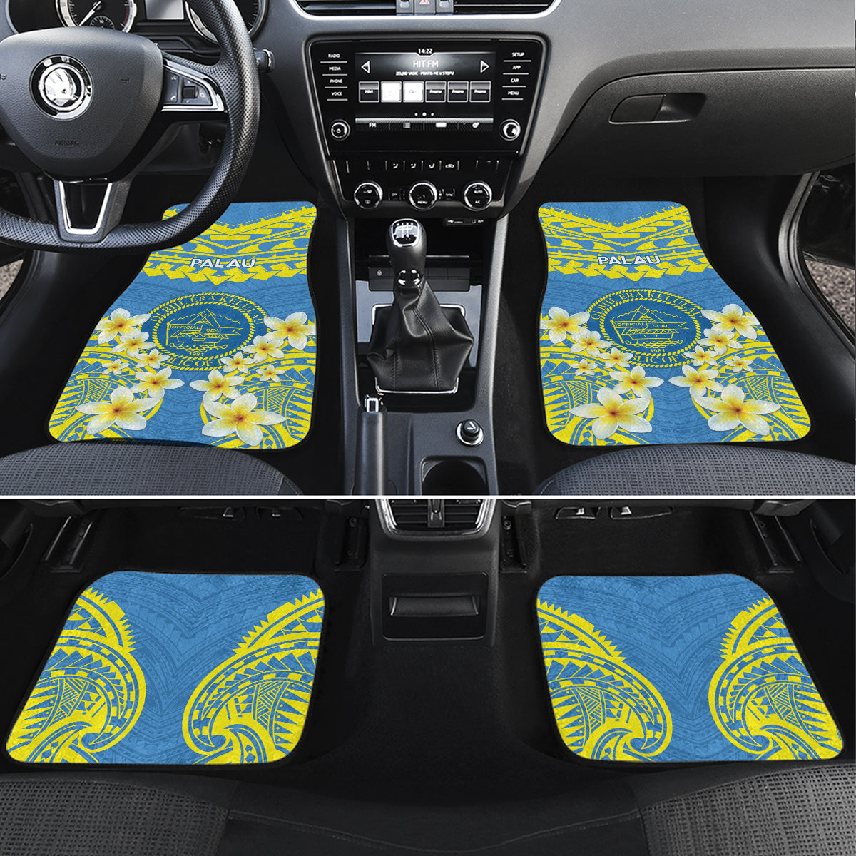 Palau Constitution Day Car Mats Belau Seal With Frangipani Polynesian Pattern - Blue