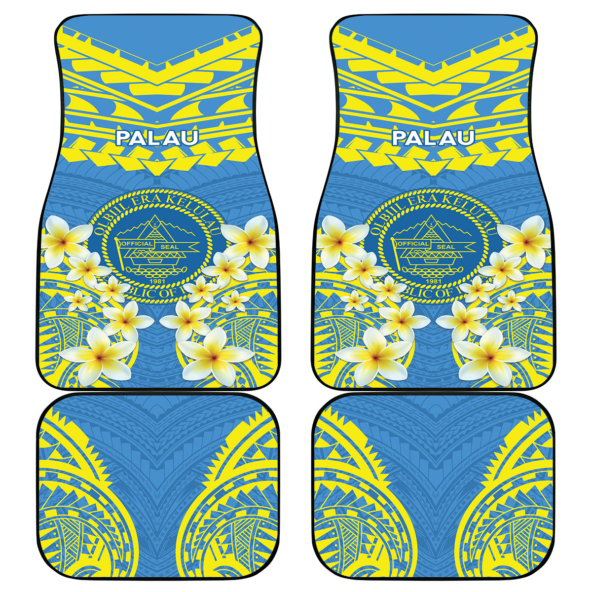 Palau Constitution Day Car Mats Belau Seal With Frangipani Polynesian Pattern - Blue