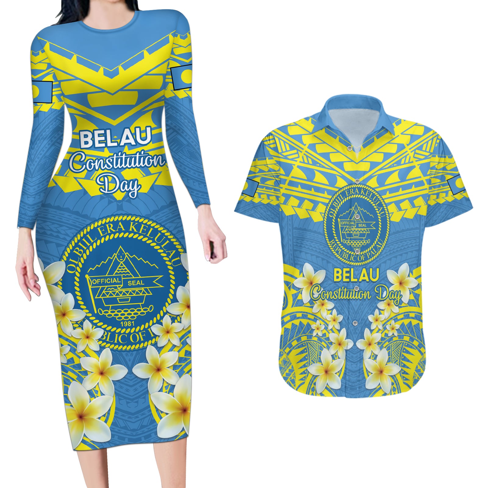 Palau Constitution Day Couples Matching Long Sleeve Bodycon Dress and Hawaiian Shirt Belau Seal With Frangipani Polynesian Pattern - Blue