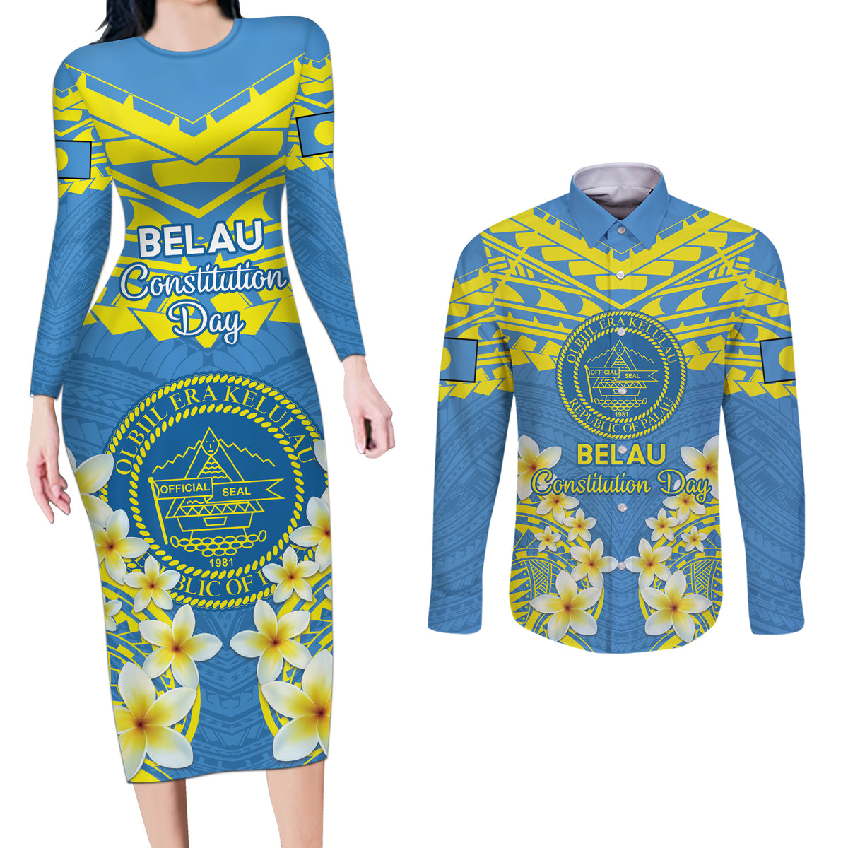 Palau Constitution Day Couples Matching Long Sleeve Bodycon Dress and Long Sleeve Button Shirt Belau Seal With Frangipani Polynesian Pattern - Blue