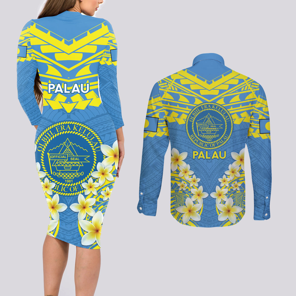 Palau Constitution Day Couples Matching Long Sleeve Bodycon Dress and Long Sleeve Button Shirt Belau Seal With Frangipani Polynesian Pattern - Blue