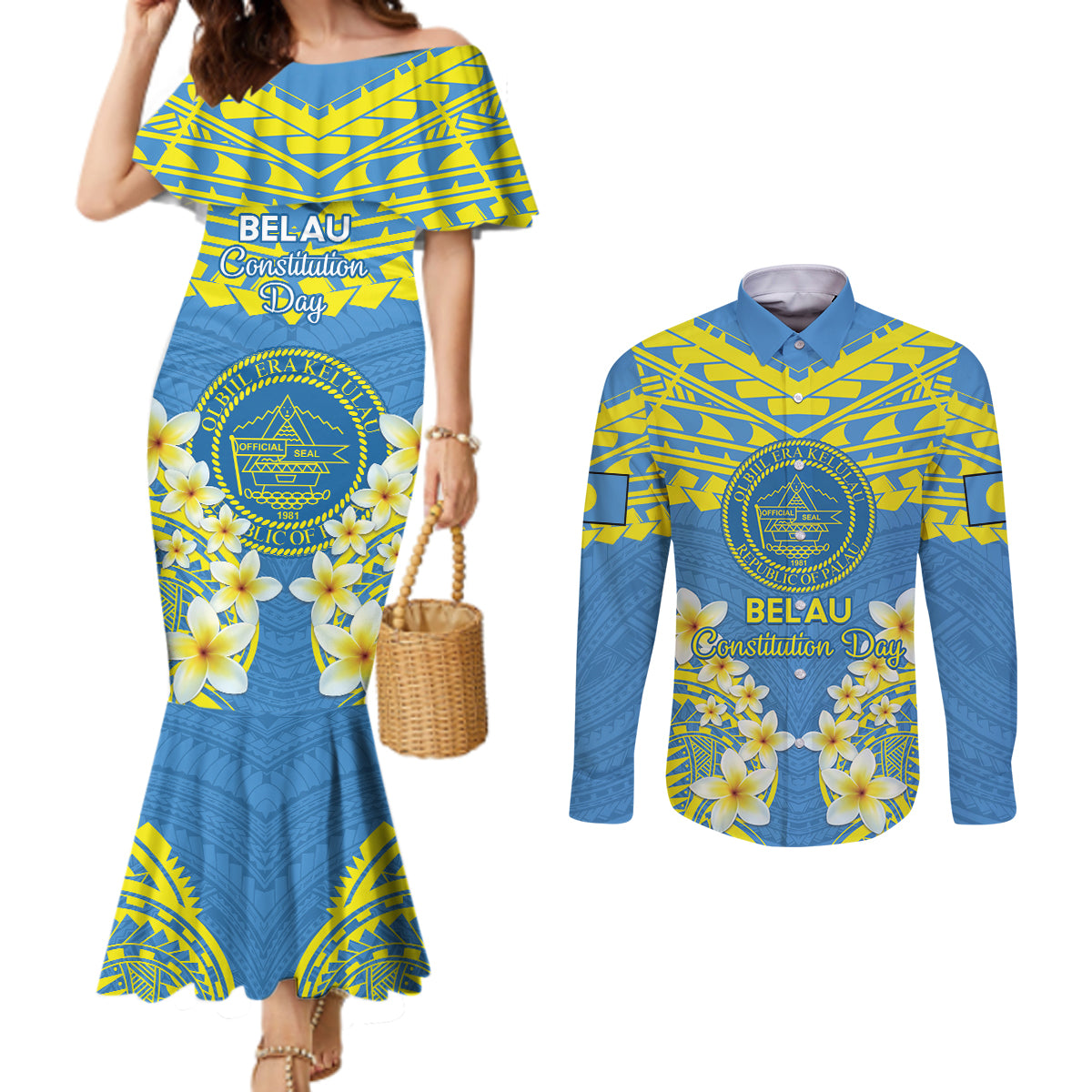 Palau Constitution Day Couples Matching Mermaid Dress and Long Sleeve Button Shirt Belau Seal With Frangipani Polynesian Pattern - Blue