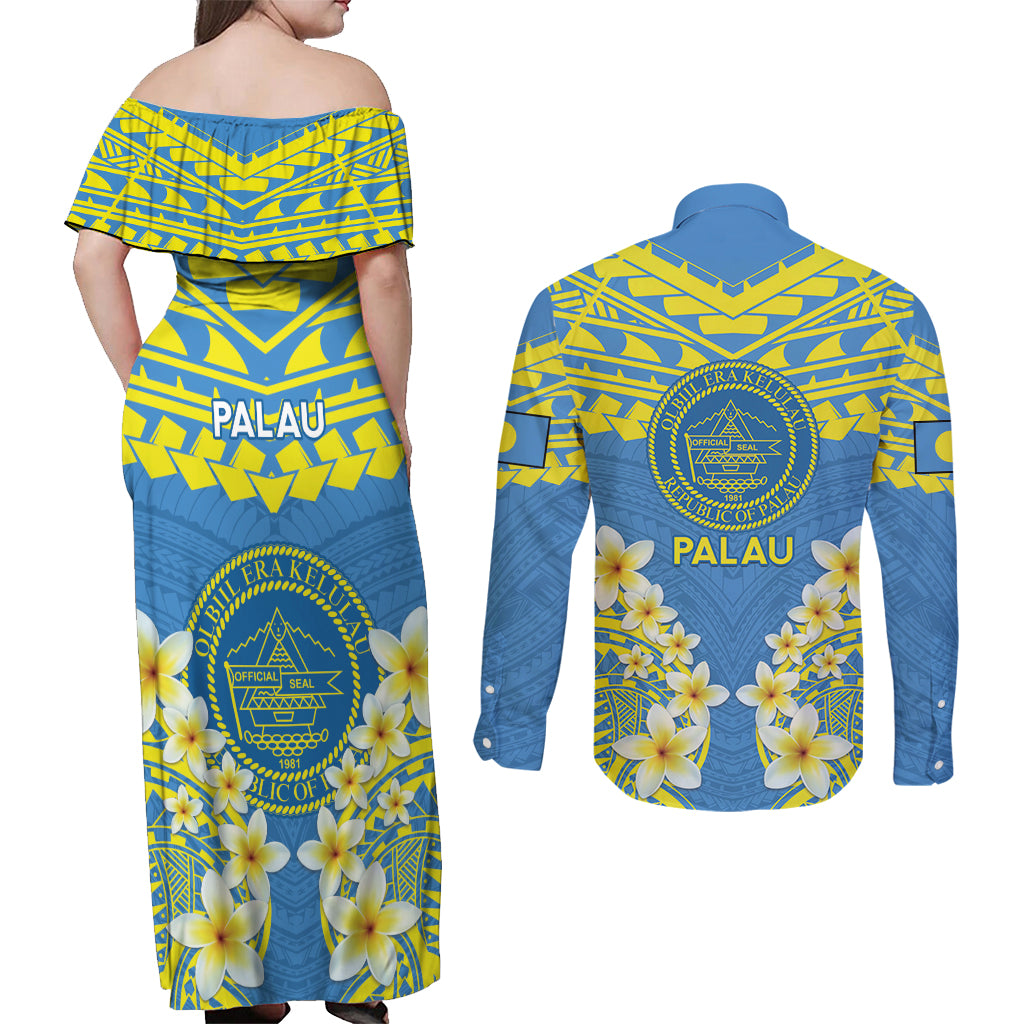 Palau Constitution Day Couples Matching Off Shoulder Maxi Dress and Long Sleeve Button Shirt Belau Seal With Frangipani Polynesian Pattern - Blue