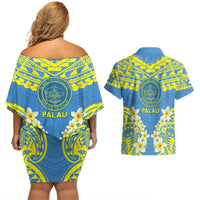 Palau Constitution Day Couples Matching Off Shoulder Short Dress and Hawaiian Shirt Belau Seal With Frangipani Polynesian Pattern - Blue
