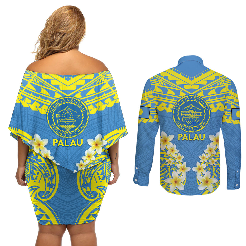Palau Constitution Day Couples Matching Off Shoulder Short Dress and Long Sleeve Button Shirt Belau Seal With Frangipani Polynesian Pattern - Blue
