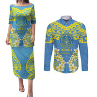 Palau Constitution Day Couples Matching Puletasi and Long Sleeve Button Shirt Belau Seal With Frangipani Polynesian Pattern - Blue