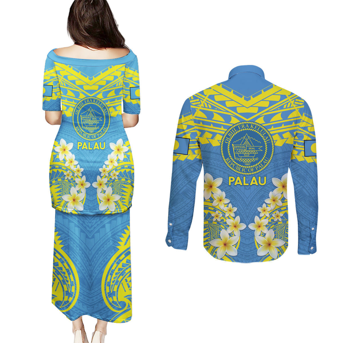 Palau Constitution Day Couples Matching Puletasi and Long Sleeve Button Shirt Belau Seal With Frangipani Polynesian Pattern - Blue
