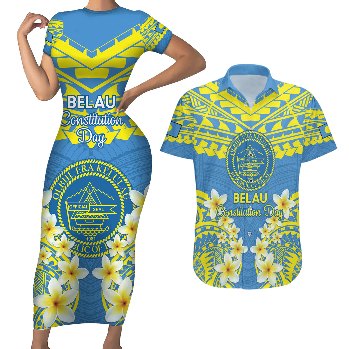 Palau Constitution Day Couples Matching Short Sleeve Bodycon Dress and Hawaiian Shirt Belau Seal With Frangipani Polynesian Pattern - Blue