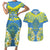 Palau Constitution Day Couples Matching Short Sleeve Bodycon Dress and Hawaiian Shirt Belau Seal With Frangipani Polynesian Pattern - Blue