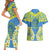 Palau Constitution Day Couples Matching Short Sleeve Bodycon Dress and Hawaiian Shirt Belau Seal With Frangipani Polynesian Pattern - Blue