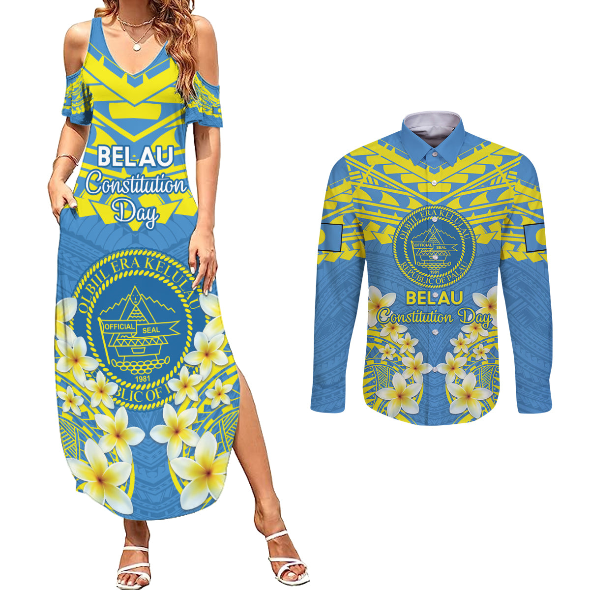 Palau Constitution Day Couples Matching Summer Maxi Dress and Long Sleeve Button Shirt Belau Seal With Frangipani Polynesian Pattern - Blue