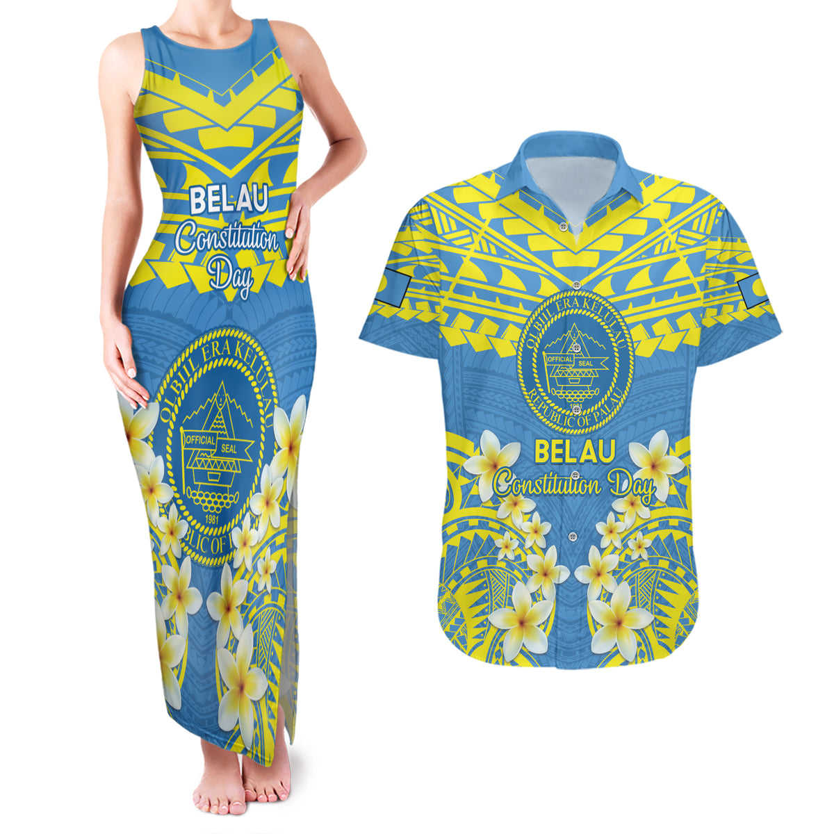 Palau Constitution Day Couples Matching Tank Maxi Dress and Hawaiian Shirt Belau Seal With Frangipani Polynesian Pattern - Blue