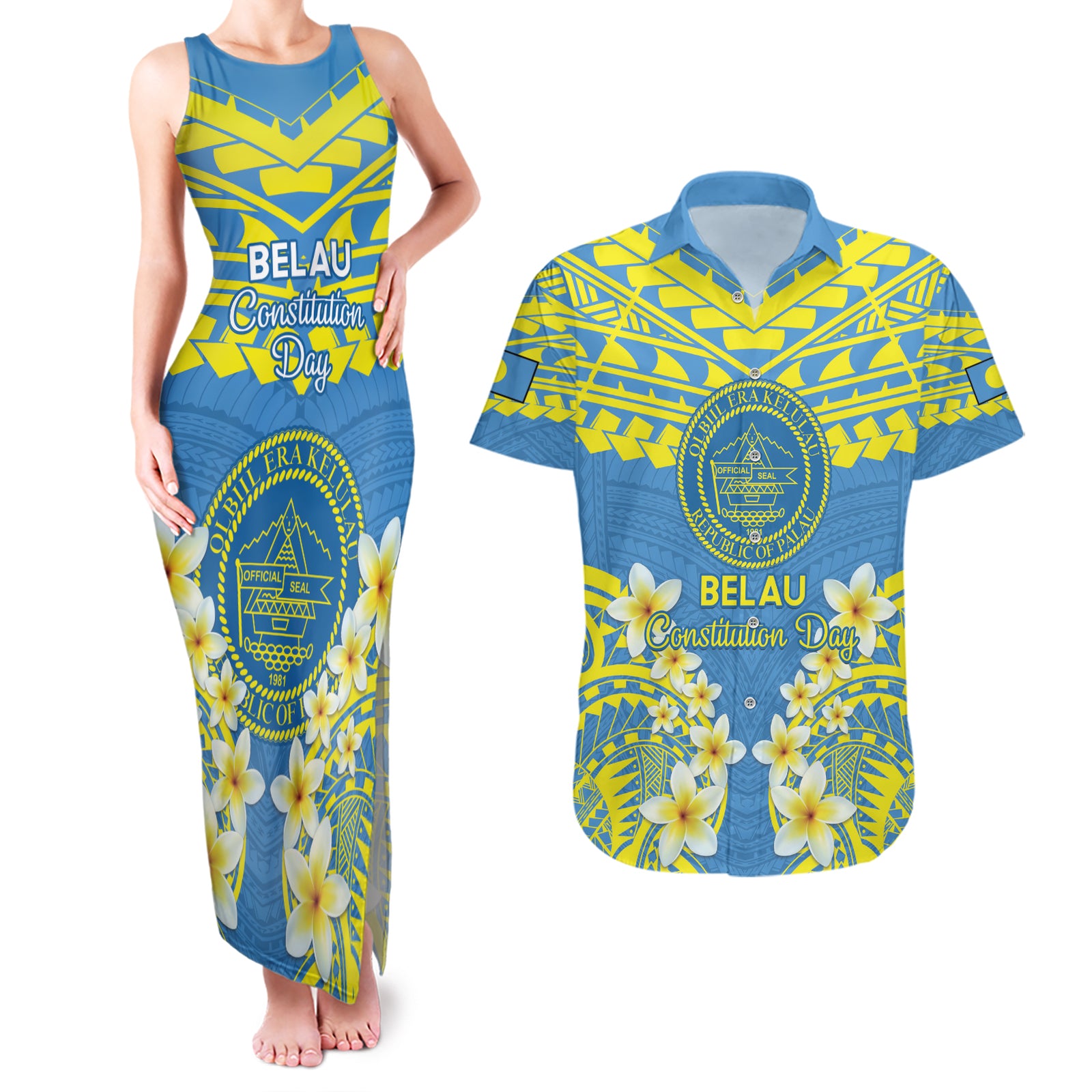 Palau Constitution Day Couples Matching Tank Maxi Dress and Hawaiian Shirt Belau Seal With Frangipani Polynesian Pattern - Blue