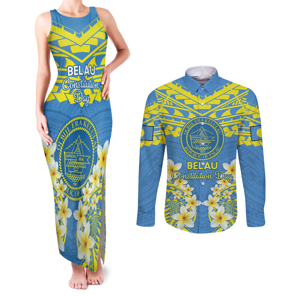 Palau Constitution Day Couples Matching Tank Maxi Dress and Long Sleeve Button Shirt Belau Seal With Frangipani Polynesian Pattern - Blue