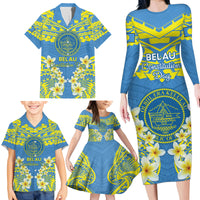Palau Constitution Day Family Matching Long Sleeve Bodycon Dress and Hawaiian Shirt Belau Seal With Frangipani Polynesian Pattern - Blue