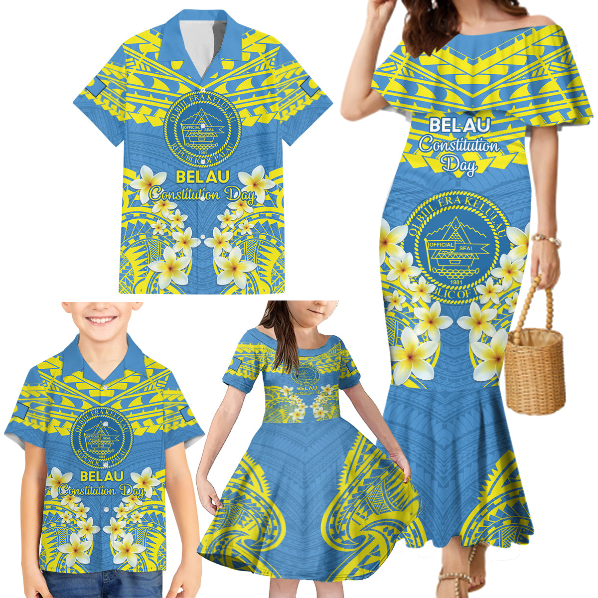 Palau Constitution Day Family Matching Mermaid Dress and Hawaiian Shirt Belau Seal With Frangipani Polynesian Pattern - Blue