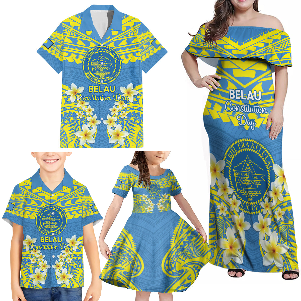 Palau Constitution Day Family Matching Off Shoulder Maxi Dress and Hawaiian Shirt Belau Seal With Frangipani Polynesian Pattern - Blue