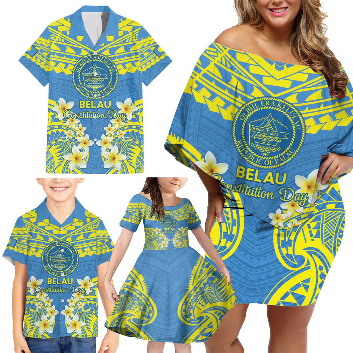 Palau Constitution Day Family Matching Off Shoulder Short Dress and Hawaiian Shirt Belau Seal With Frangipani Polynesian Pattern - Blue