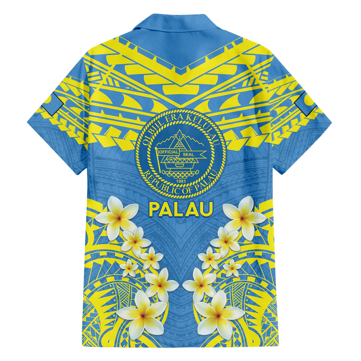 Palau Constitution Day Family Matching Off Shoulder Short Dress and Hawaiian Shirt Belau Seal With Frangipani Polynesian Pattern - Blue