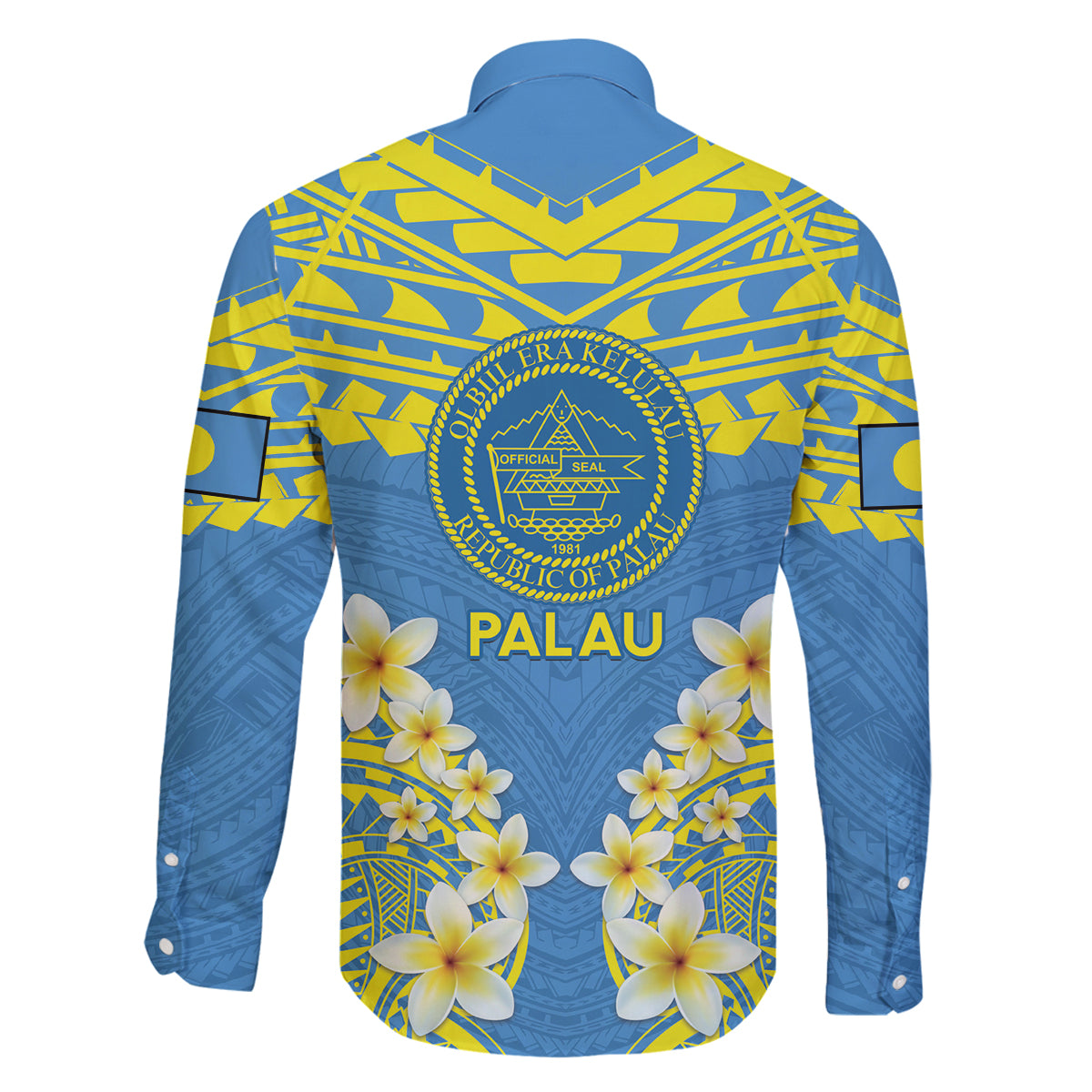 Palau Constitution Day Family Matching Off Shoulder Short Dress and Hawaiian Shirt Belau Seal With Frangipani Polynesian Pattern - Blue