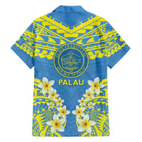 Palau Constitution Day Family Matching Summer Maxi Dress and Hawaiian Shirt Belau Seal With Frangipani Polynesian Pattern - Blue