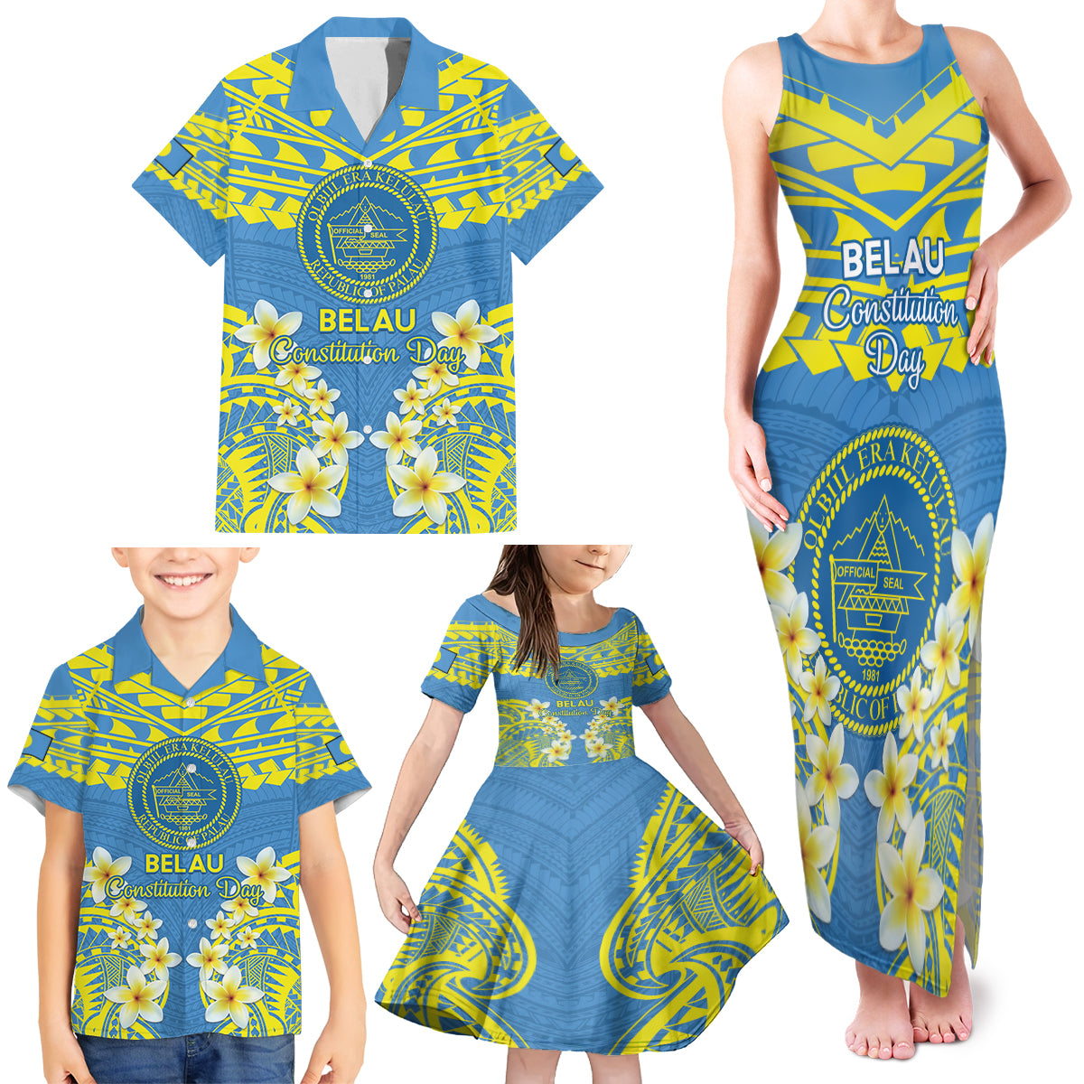 Palau Constitution Day Family Matching Tank Maxi Dress and Hawaiian Shirt Belau Seal With Frangipani Polynesian Pattern - Blue