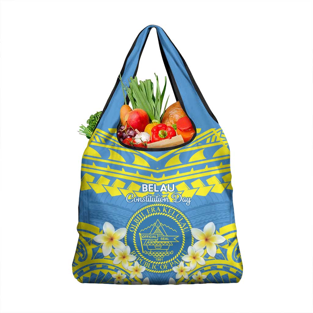 Palau Constitution Day Grocery Bag Belau Seal With Frangipani Polynesian Pattern - Blue