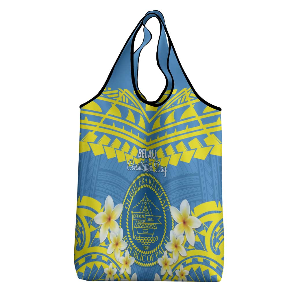 Palau Constitution Day Grocery Bag Belau Seal With Frangipani Polynesian Pattern - Blue