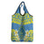 Palau Constitution Day Grocery Bag Belau Seal With Frangipani Polynesian Pattern - Blue