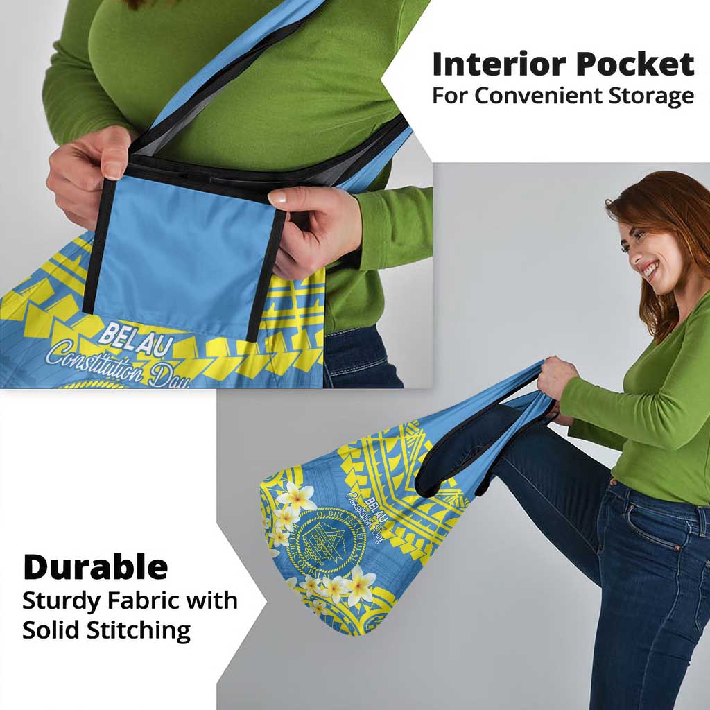 Palau Constitution Day Grocery Bag Belau Seal With Frangipani Polynesian Pattern - Blue