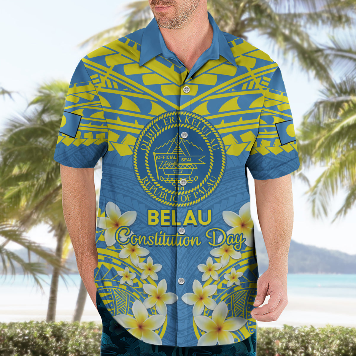 Palau Constitution Day Hawaiian Shirt Belau Seal With Frangipani Polynesian Pattern - Blue